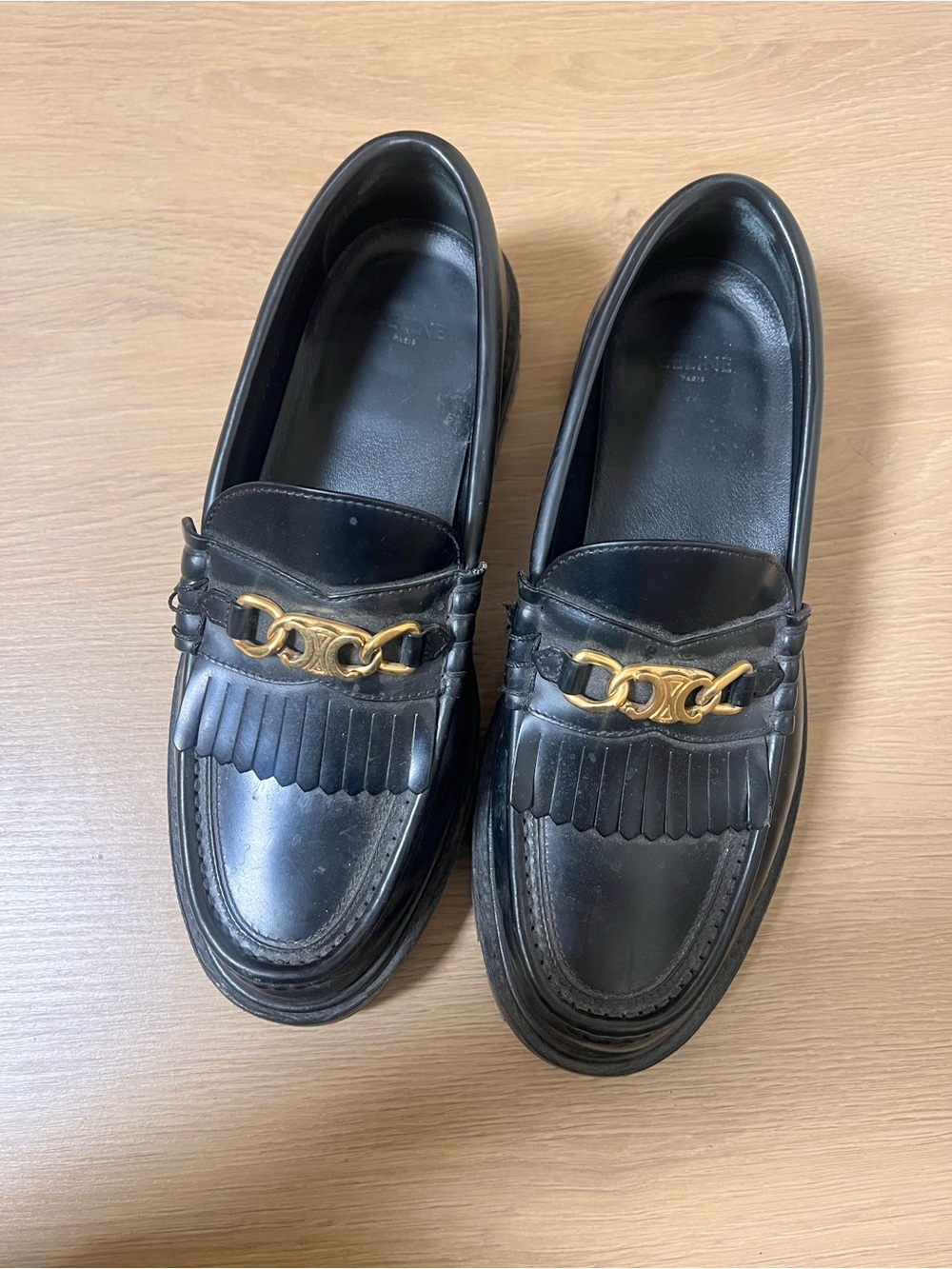 Celine Black Leather Loafers with Gold Chain Accent